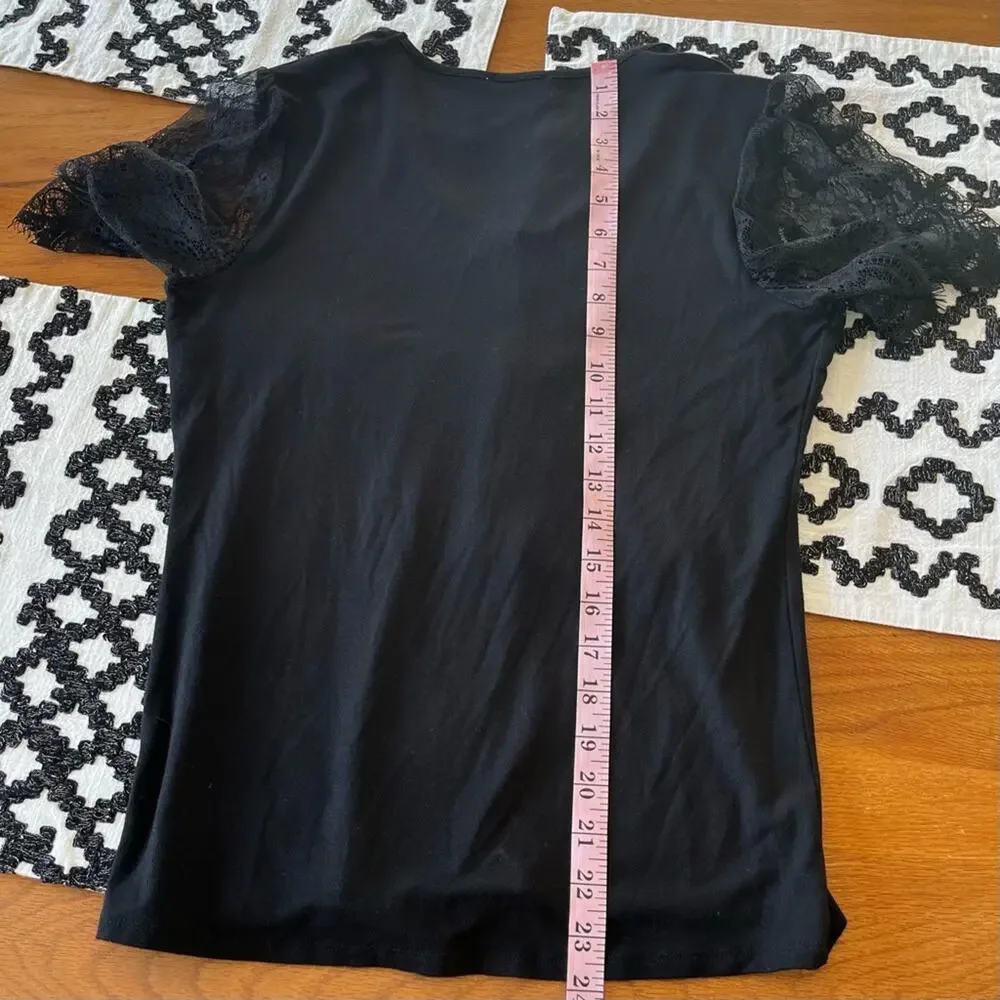 Carmen Marc Valvo black sheer lace sleeve blouse womens size small S stretchy - Picture 7 of 7